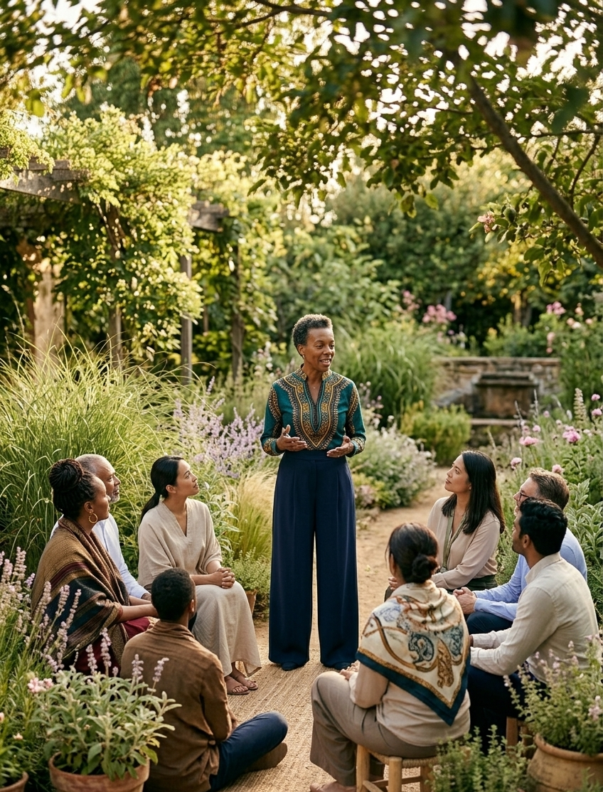Professional leadership coach facilitating a community group coaching session in a peaceful outdoor garden, focused on organizational development, leadership training, team collaboration, and personal growth.