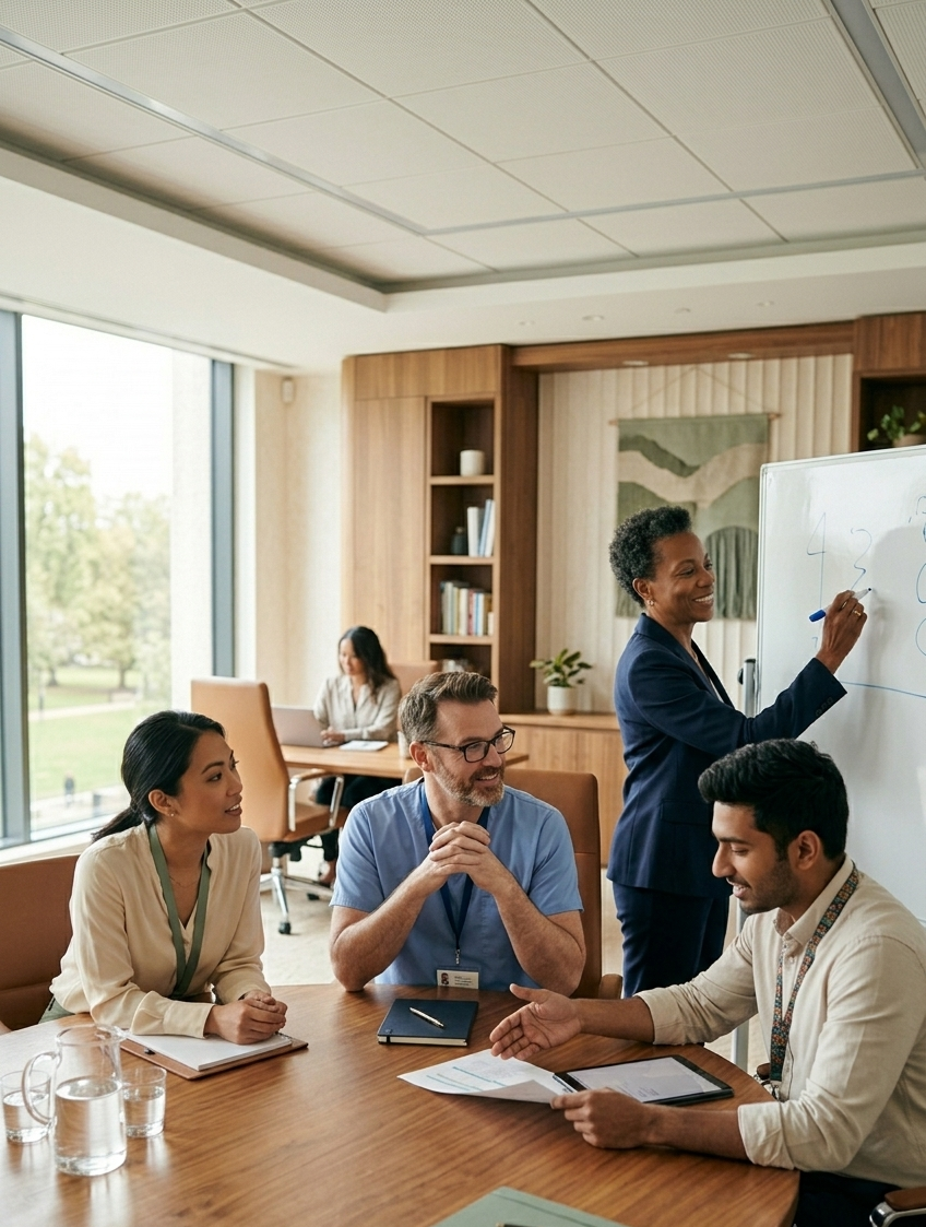 Executive organizational consultant facilitating a collaborative leadership workshop with a business team in a modern conference room, focusing on strategic planning, organizational development, team performance, and business consulting.