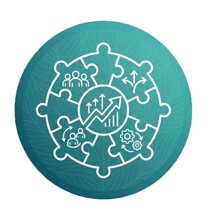 Organizational consulting icon featuring interconnected puzzle pieces, team collaboration, business strategy, process improvement, leadership development, and company growth.