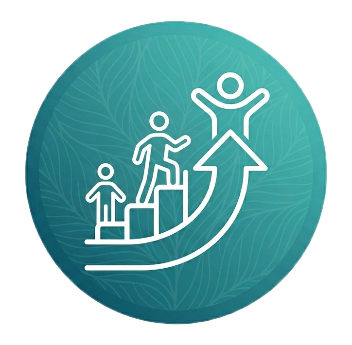 Personal growth coaching icon showing individuals progressing upward on steps toward success, transformation, leadership development, and self-improvement.